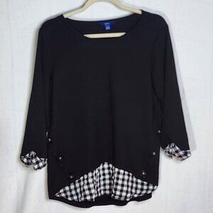Apt. 9 Black with Check Layer Roll Cuff Sleeves Poly Rayon Span Layer Look Top L